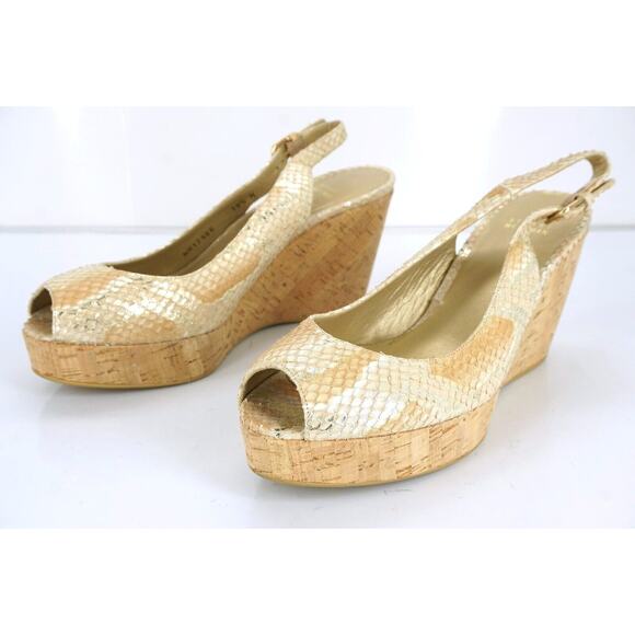 Stuart Weitzman Jean Metallic Snake Slingback Cork Wedge Heel Sandal SZ 10.5 New - Picture 5 of 11